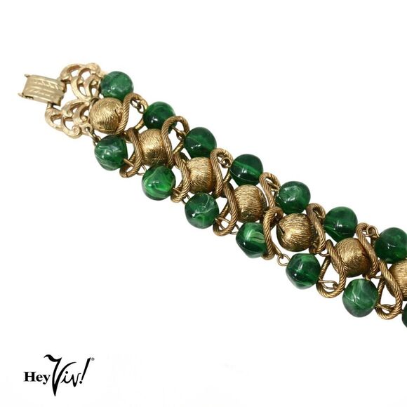 Vintage Bracelet Green Gold Beads w Clip On Earrings Ornate Design - Hey Viv - Picture 5 of 7